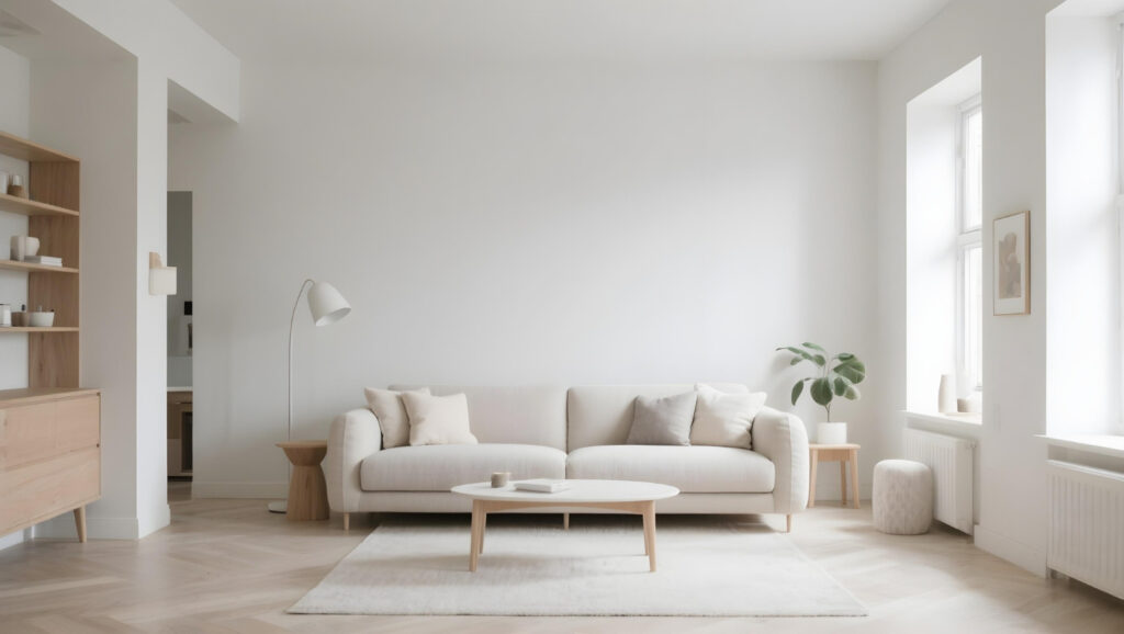 Minimalist living room with beige sofa and wooden coffee table.